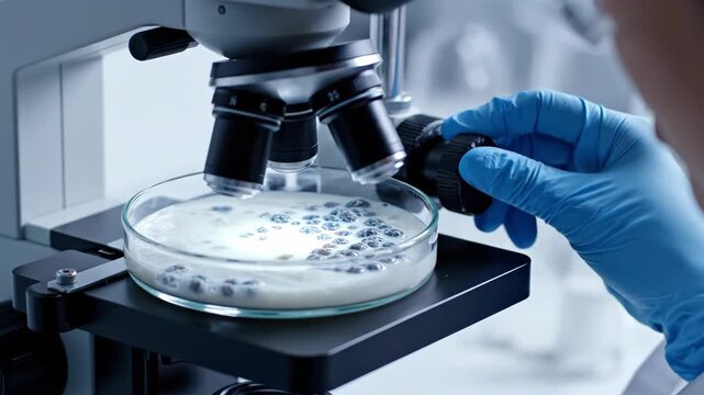 In a modern laboratory, a scientist carefully investigates a petri dish under a microscope, revealing intricate cellular structures and stimulating insights into biological mysteries.