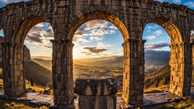 Ancient arched stone structure overlooks valley at sunset with colorful clouds in beautiful scenery
