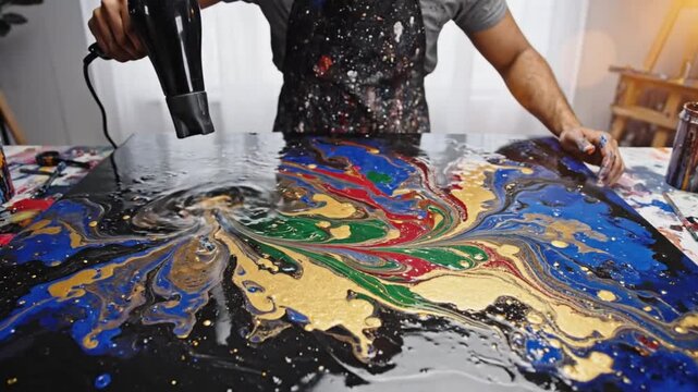 Artist using a hairdryer to manipulate liquid acrylic paints on a large canvas, creating abstract art
