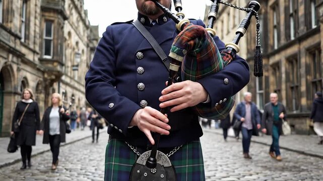 Person in traditional Scottish attire playing bagpipes