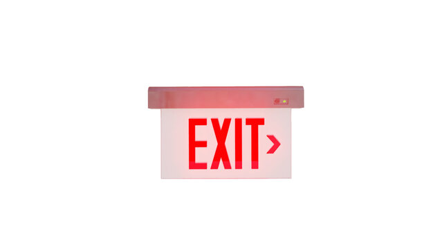 3D render of an illuminated red emergency exit sign with directional arrow isolated on a white background