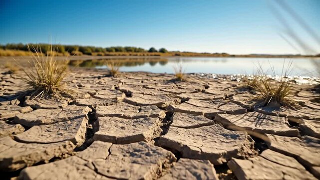 Dry cracked earth with sparse grass