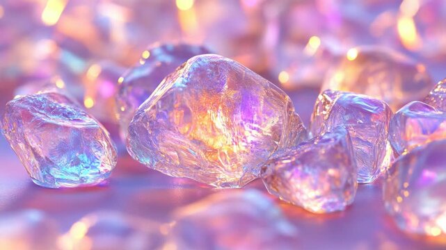 Translucent, iridescent ice-like formations with bokeh against a soft, colorful, dreamy background