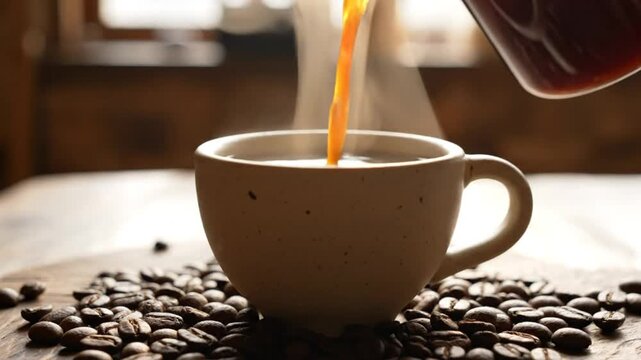 Pouring fresh hot coffee into a white ceramic cup surrounded by roasted coffee beans creating a warm morning scene