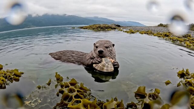 Sea otter cracking open clam in water, eating shellfish, wildlife nature documentary shot