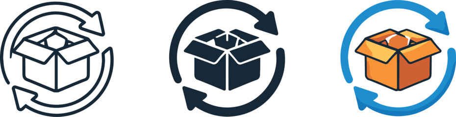 Online shopping context represented by a delivery box icon paired with a circular exchange arrow suggesting product return within