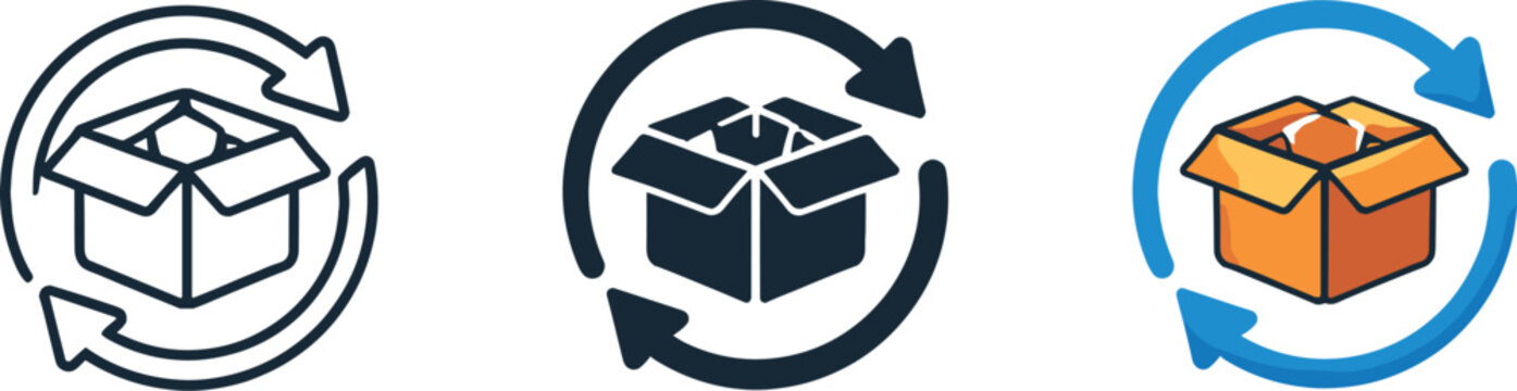 Online shopping context represented by a delivery box icon paired with a circular exchange arrow suggesting product return within