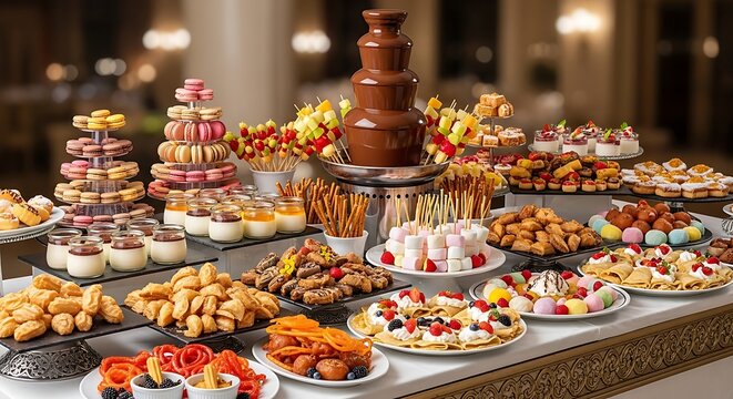 Delicious dessert buffet with chocolate fountain and variety of sweets