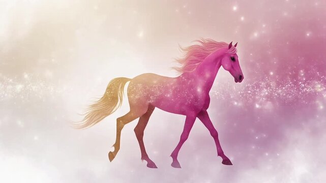 Pink fantasy horse standing on misty surface with soft pastel background, dreamy zodiac theme, gentle lighting, whimsical atmosphere, and elegant decorative illustration style.