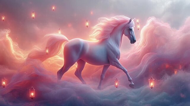 Dynamic fantasy horse running through glowing mist, flowing mane, vibrant pastel colors, magical atmosphere, and soft dreamy background lighting.