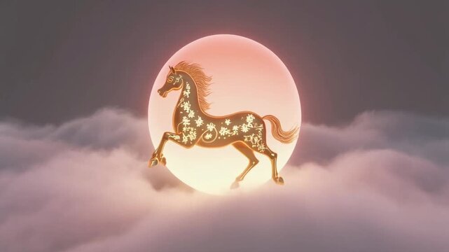 Golden zodiac horse standing before glowing moon, mystical atmosphere, soft clouds, elegant fantasy composition, and warm celestial background tones.