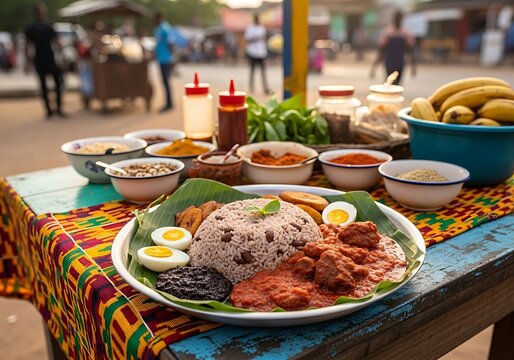 Traditional ghanaian waakye dish served on a colorful street food stall