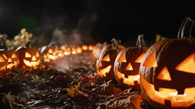 Spooky Halloween night scene with glowing carved pumpkins in a row among the leaves and darkness