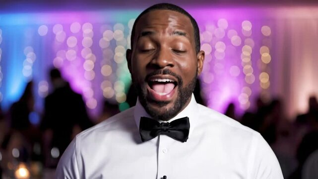 Handsome man in a bow tie welcomes guests to a formal event with blurred background lights