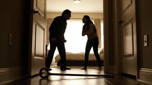 Silhouetted figures engage in a heated argument within a softly illuminated hallway. The warm glow contrasts with their tense postures, highlighting a moment of conflict and unresolved emotions.