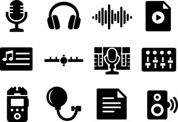 Solid vector icons of audio podcast: microphone, headphone, waveform, episode, playlist, timeline, studio, mixer