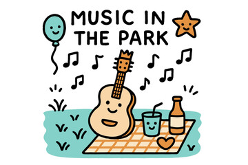 Park Music Doodle. Music in the park illustration doodle style: hand drawn guitar with smile, crown, star, balloon, picnic blanket
