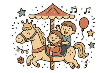 Fototapeta premium Whimsical Carousel Ride. Carousel ride illustration doodle style: hand drawn horse with smile, crown, star, balloon, music, lights