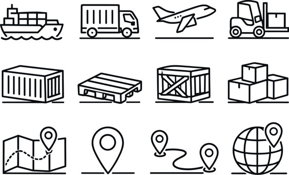 Line style vector icons of shipping logistics: shipping, logistics, freight, transport; container, pallet, crate