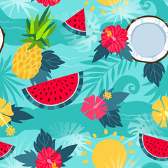 Bright blue summer tropical seamless pattern with watermelons, pineapples, coconuts, hibiscus flowers, exotic palm leaves and blue ocean waves. Hand drawn vector background illustration. © Ms.Moloko