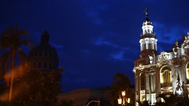 Historic architecture of the National Capitol Building and the Great Theater in the city of Havana Cuba