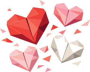 Four geometric hearts in red, pink, and white with triangular segments.