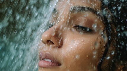 Fototapeta premium Close-up of young hispanic female enjoying refreshing shower water.
