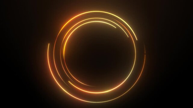 Abstract golden energy ring forming luminous circular arcs around dark core, symbolizing cosmic power, data convergence, artificial intelligence fields, futuristic portal, radiant depth loop