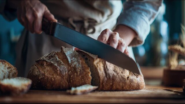 person is using a long knife to cut into the loaf of sourdough bread