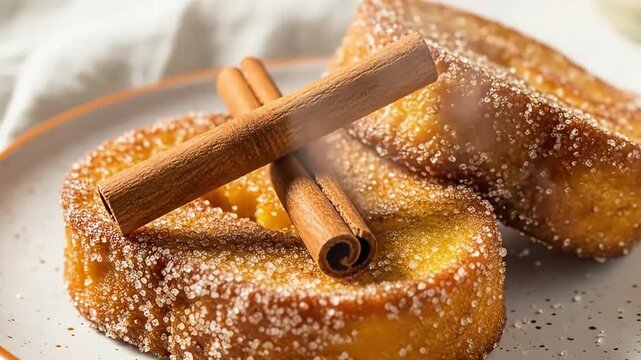Torrijas french toast with cinnamon sticks and sugar on plate