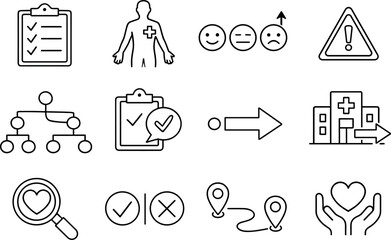 Symmetrical Icon Grid. Line style of emergency symptom checker icons: questionnaire, body map, severity scale, risk badge;