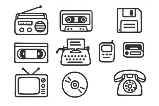 Retro Tech Icons. Retro tech doodle icon set: hand drawn icons of radio, cassette, floppy disk, VHS, typewriter, pager, CRT TV, CD, film camera, and telephone. isolated transparent background