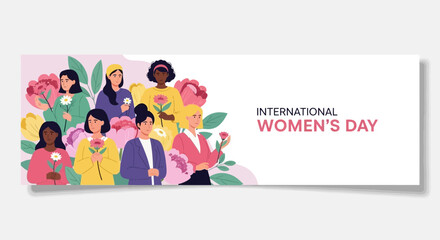Fototapeta premium Diverse Group of Women Celebrating International Womens Day with Flowers.