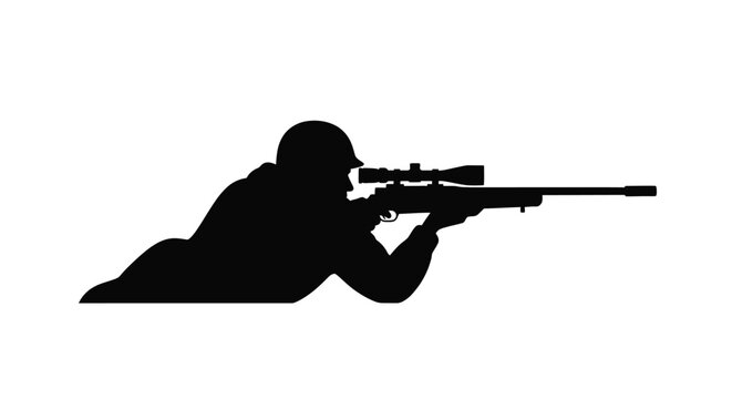Prone sniper aiming with rifle dramatic black form silhouette