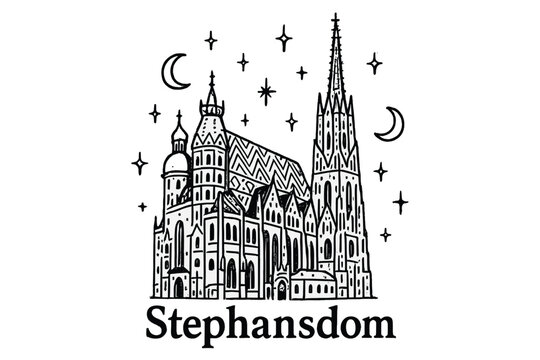 Stephansdom Night Sketch. Hand-drawn st stephen cathedral vienna with moons, domes, and sparkles, center word &ldquo;Stephansdom&rdquo; in black and white isolated transparent background