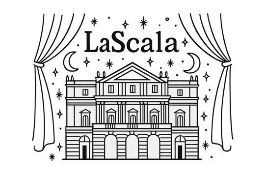 La Scala Magic. Hand-drawn la scala milan with moons, curtains, and sparkles, center word &ldquo;LaScala&rdquo; in black and white isolated transparent background