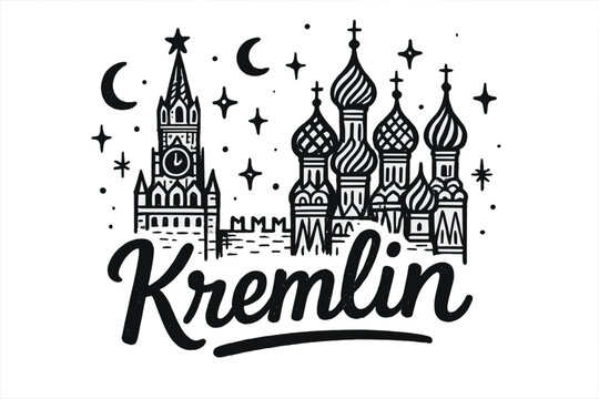 Whimsical Kremlin Illustration. Hand-drawn kremlin moscow with moons, domes, and sparkles, center word &ldquo;Kremlin&rdquo; in black and white isolated transparent background