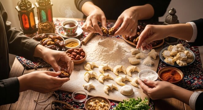 Hands prepare pastries and stuff dates with walnuts on a wooden table amidst flour spices and decorative lanterns