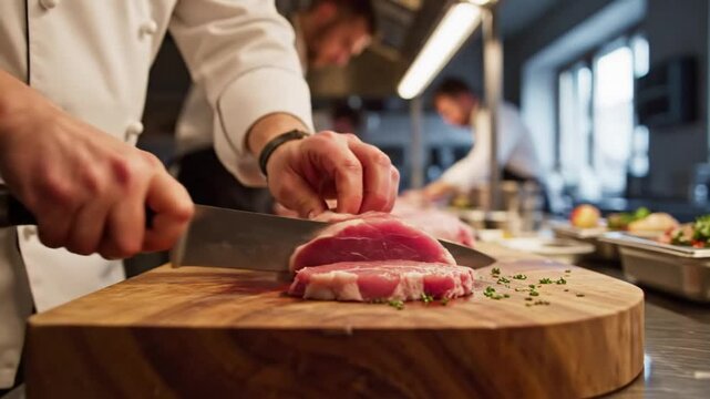 Chef skillfully slicing fresh raw meat into cutlets on a wooden cutting board in a professional kitchen