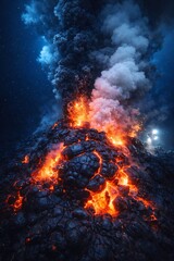 Fototapeta premium Explosive Lava Volcano Eruption with Smoke at Night