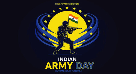 Fototapeta premium Indian army soldier with flag and gun in front of yellow circle and stars indian army day