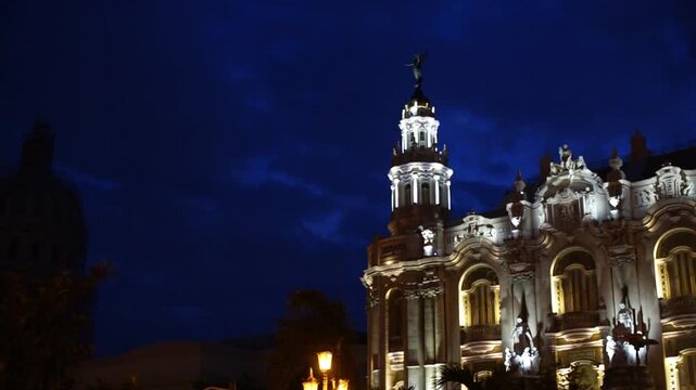 Historic architecture of the National Capitol Building and the Great Theater in the city of Havana Cuba