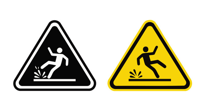 Slippery surface warning signs with falling person triangular signs black and white