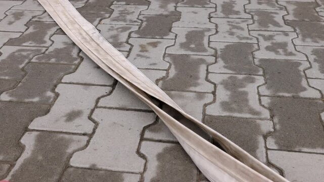 Fire hose, Firefighting hose, Hose deployment. Fire hose is being rapidly unrolled across wet interlocking pavement blocks, likely during emergency or training scenario.