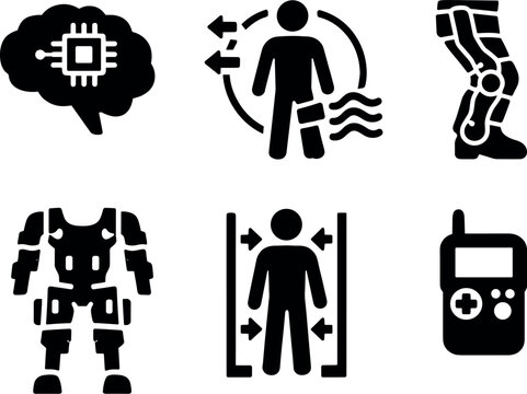Neuro-Controlled Mobility Icons. Solid vector icons of neuro-controlled mobility exosystems: implanted relay node, decoded