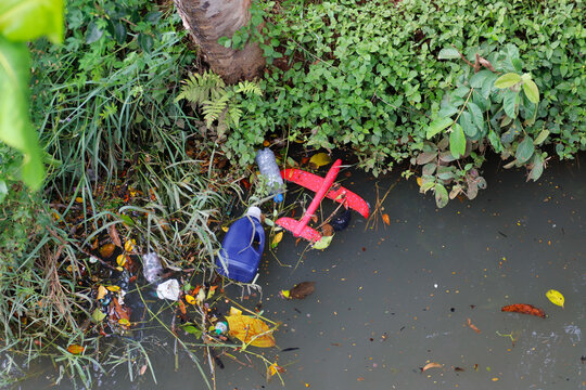 Trash and Toys in Polluted Water. Record of water pollution with a red styrofoam plane, blue container, and plastic bottles accumulated on a vegetated bank.