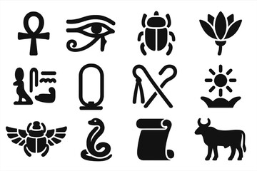 Egyptian Symbol Icons. Solid style icons of Egyptian symbols: ankh, eye of Horus, scarab beetle, lotus flower, hieroglyphs, cartouche, crook and flail, sun disk, winged scarab, cobra, papyrus scroll