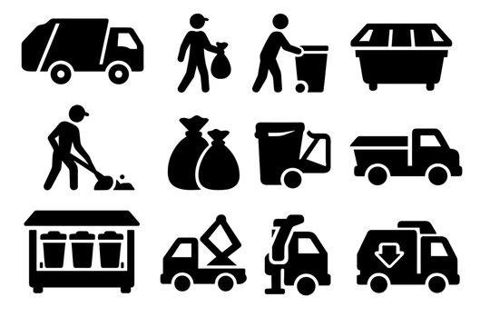 Trash Collection Icons. Solid style icons of Trash collection: garbage truck, waste collector, bin pickup, street cleanup, trash bags, dumpsters