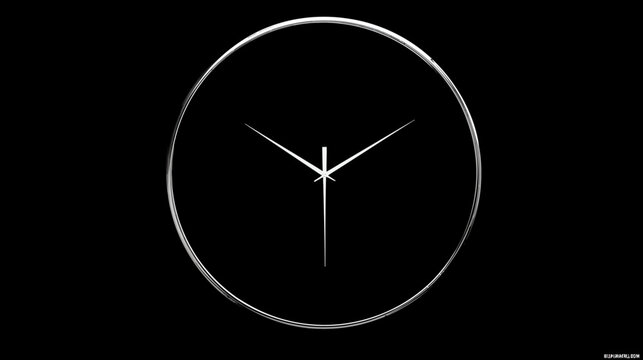 A stark minimalist design showing a clock face with hands on a pitch-black background