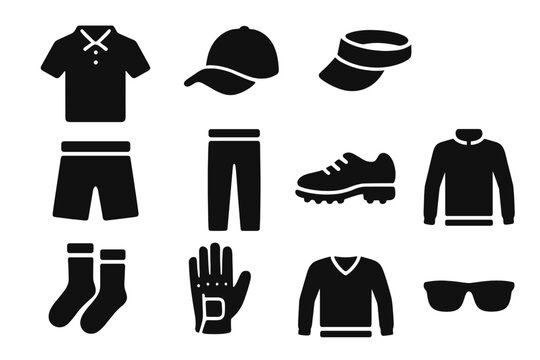 Golf Apparel Icons. Solid style icons of Golf apparel: polo shirt, cap, visor, shorts, pants, golf shoes, socks, glove, belt, jacket, sweater, sunglasses No text, No labels, isolated 